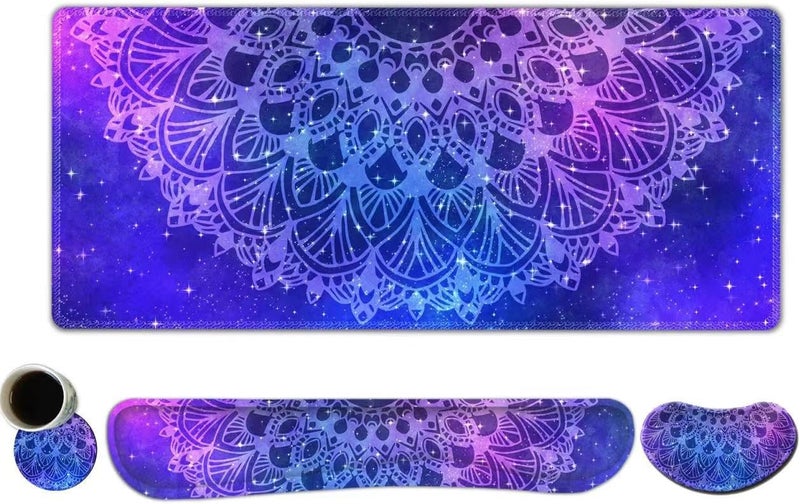 AIMSA Keyboard Mouse Pad Set, Large Gaming Mouse Pad +Wrist Rest Mouse Pad +Keyboard Wrist Support +Coaster, 35x15.7 inch Extended Desk Mat for Easy Typing Pain Relief (Blue Purple Mandala) - Image 1